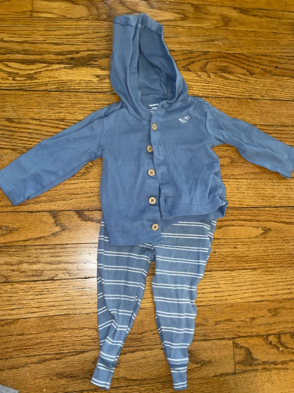 Carters Blue Hooded Baby Cardigan & Striped Pants Set size 12 months